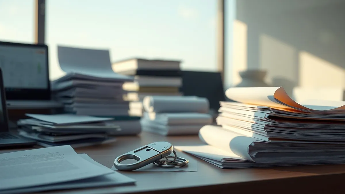 Illustration: A sleek hardware security key rests on a cluttered office desk next to a stack of blank, folded paper towels.