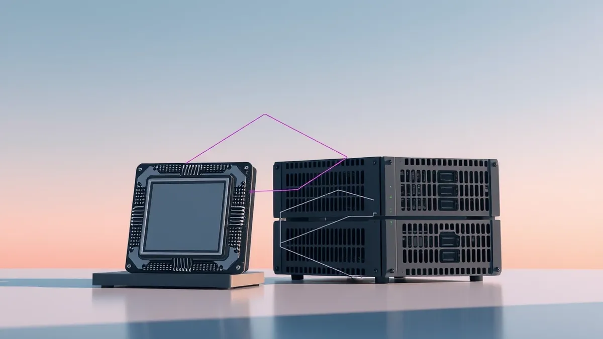 Illustration: A sleek quantum processor sits beside a rugged network firewall device.