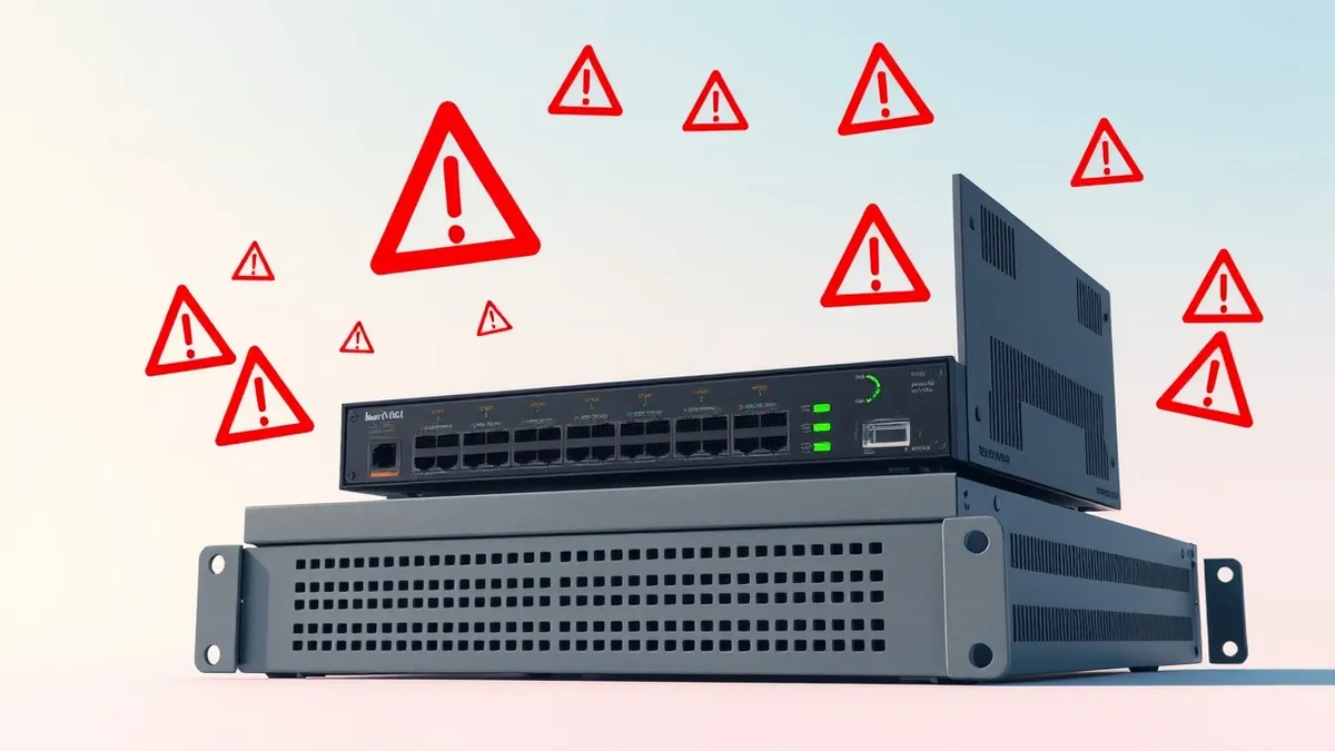 Illustration: A sleek black network switch sits on a gray metal rack, its front panel dotted with blinking green and amber lights.