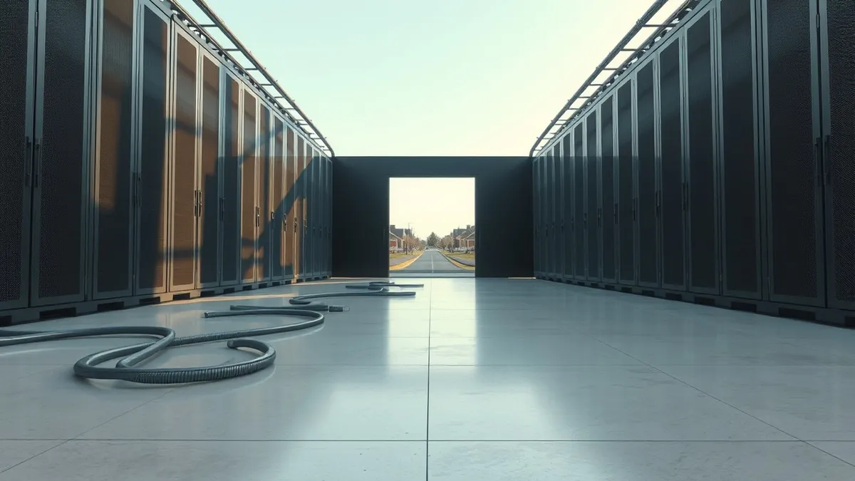 Illustration: A sleek, modern server hall stands silent with rows of blank black tower units.
