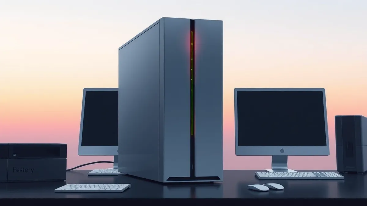 Illustration: A sleek silver server tower sits on a dark desk.