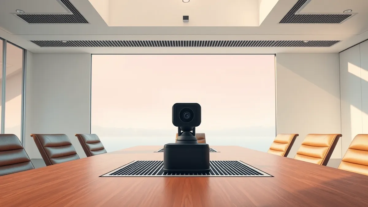 Illustration: A tiny black camera hides inside the ventilation grille of a sleek conference room table.