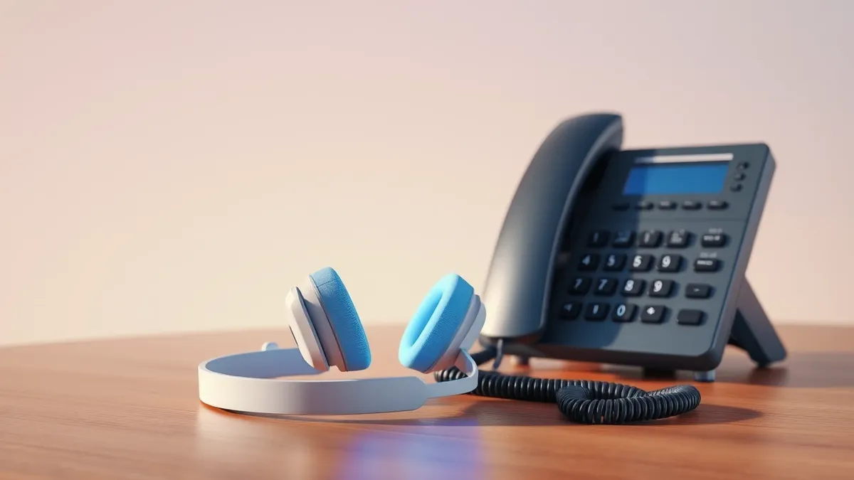 Illustration: A sleek white office headset rests on a polished wooden desk next to a modern landline telephone receiver.