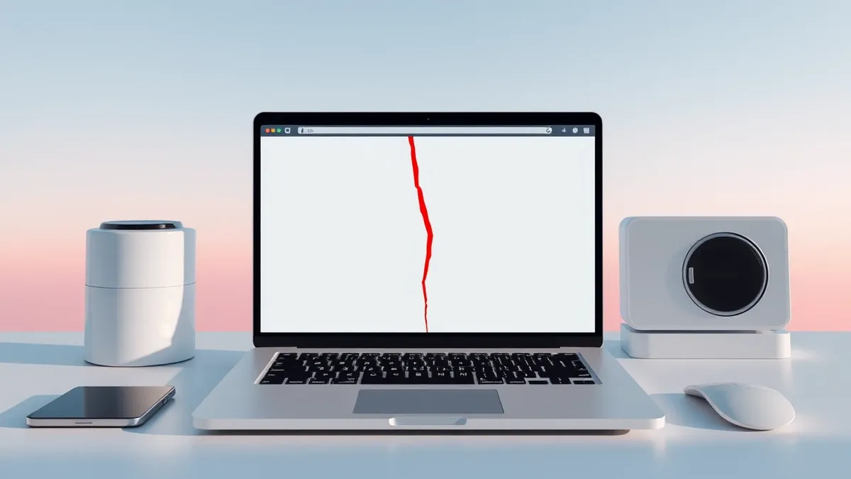 Illustration: A sleek white laptop sits on a minimalist desk, its screen displaying a blank browser window with a single jagged red crack running diagonally across the center.