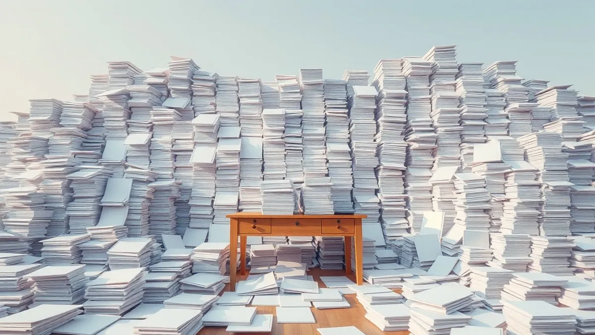 Illustration: A massive pile of blank white papers towers over a simple wooden desk, overflowing onto the floor.