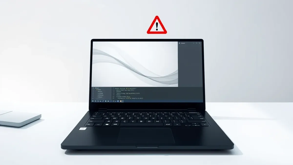 Illustration: A sleek black laptop sits on a clean white desk, its screen displaying a blank terminal window with faint gray abstract lines.