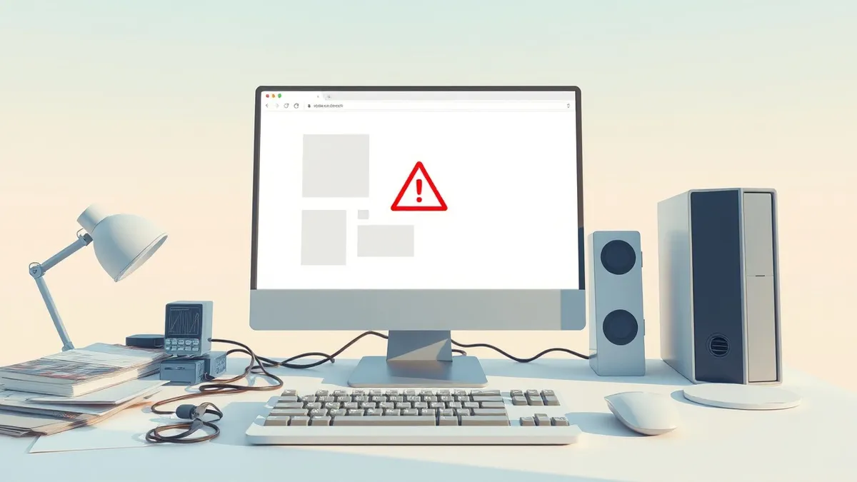 Illustration: A generic desktop computer sits on a cluttered desk, its monitor displaying a blank white web browser window with abstract gray layout blocks.