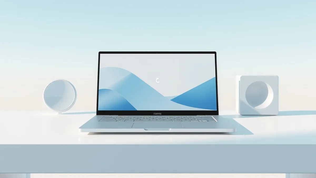 Illustration: A sleek silver laptop sits open on a clean white desk, its screen displaying a minimalist abstract interface with soft blue geometric shapes.