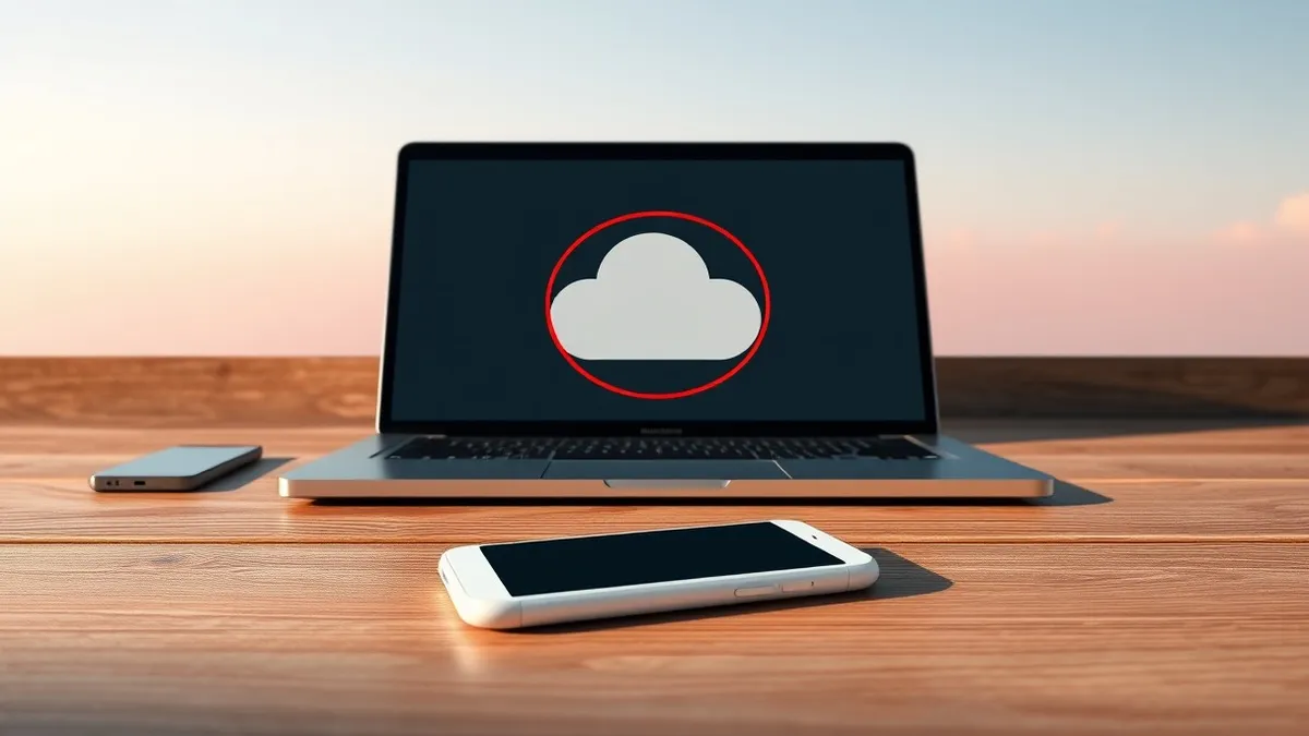 Illustration: A sleek white smartphone rests on a wooden desk beside a laptop displaying a blank cloud icon.