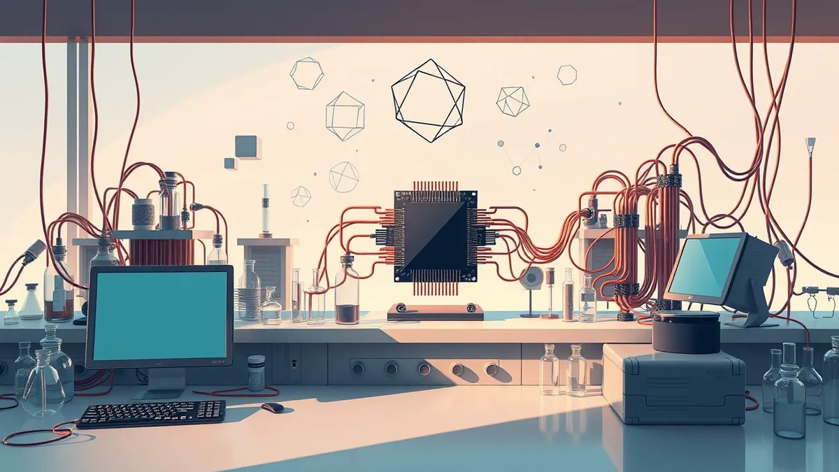 Illustration: A high-tech laboratory bench holds a complex array of copper wires and glass vials.