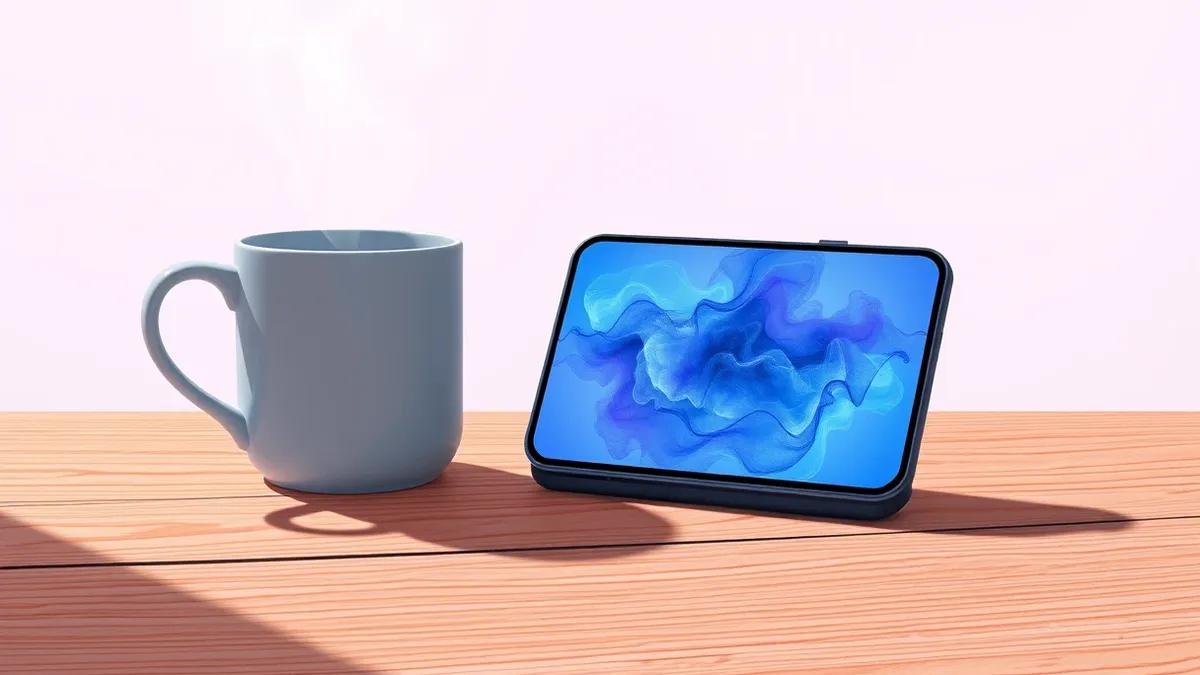 Illustration: A sleek black smartphone rests on a wooden desk next to a steaming ceramic mug.