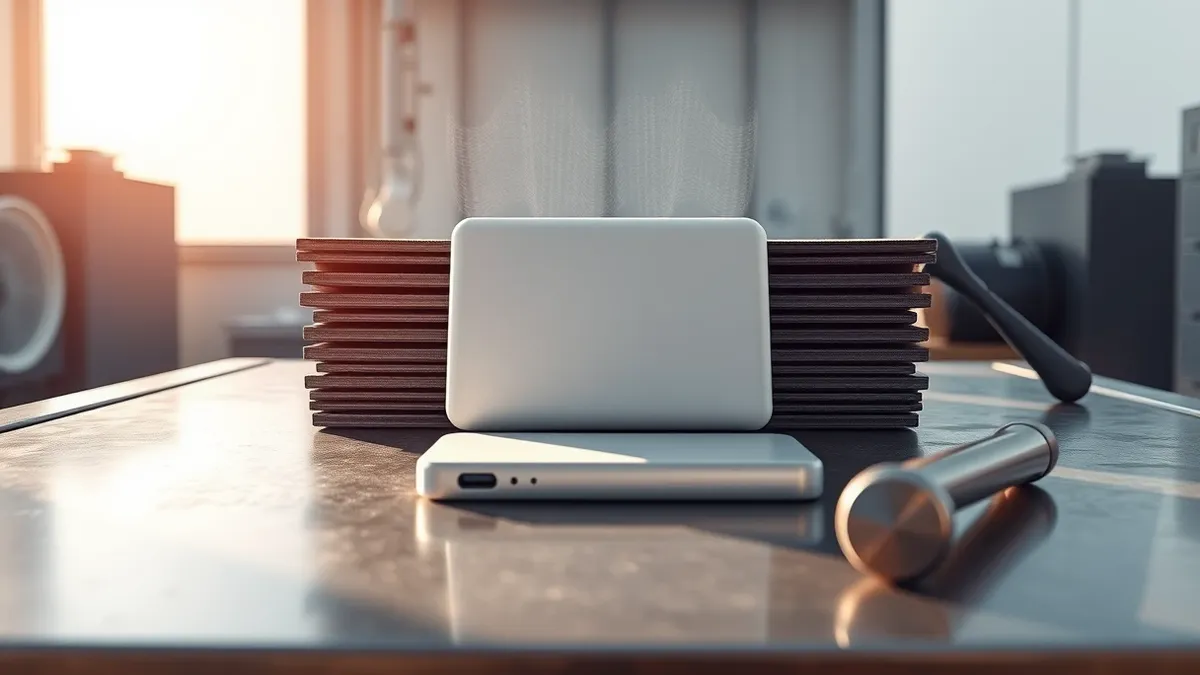 Illustration: A white portable power bank rests on a steel testing table inside a laboratory.