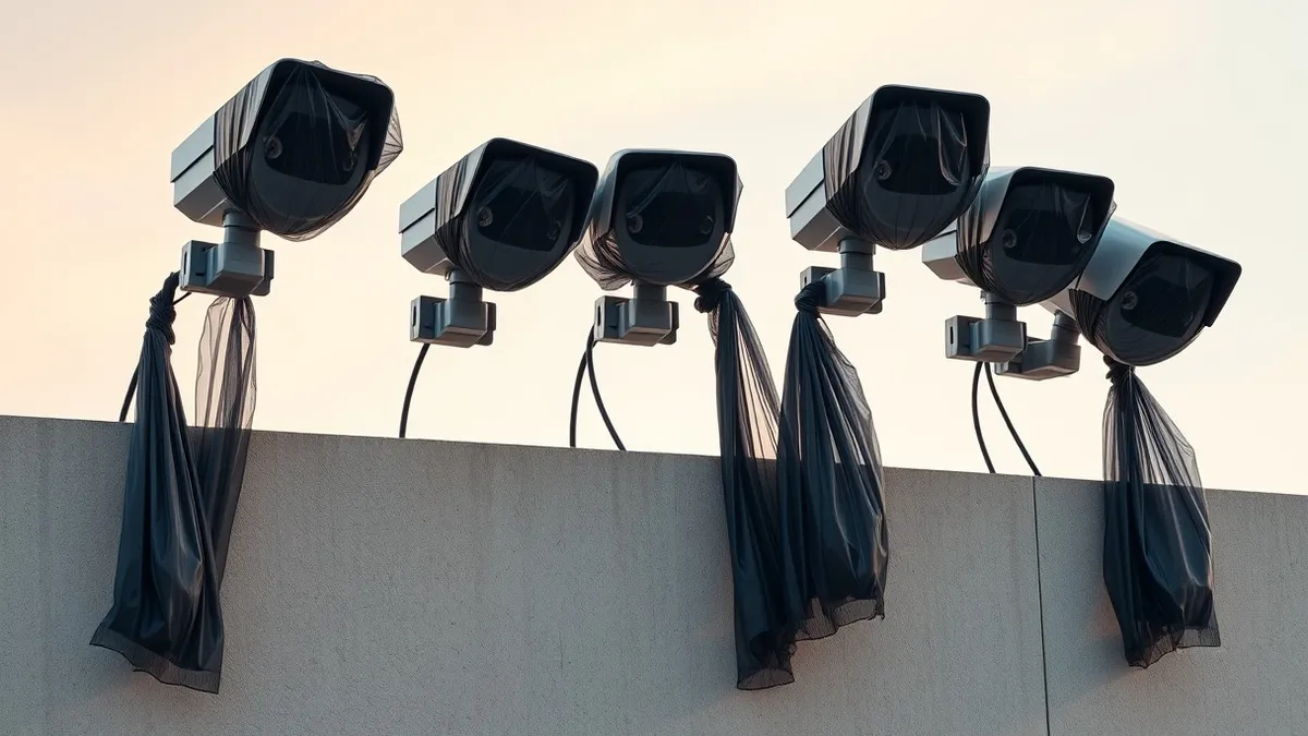 Illustration: Six security cameras are mounted high on a concrete wall.