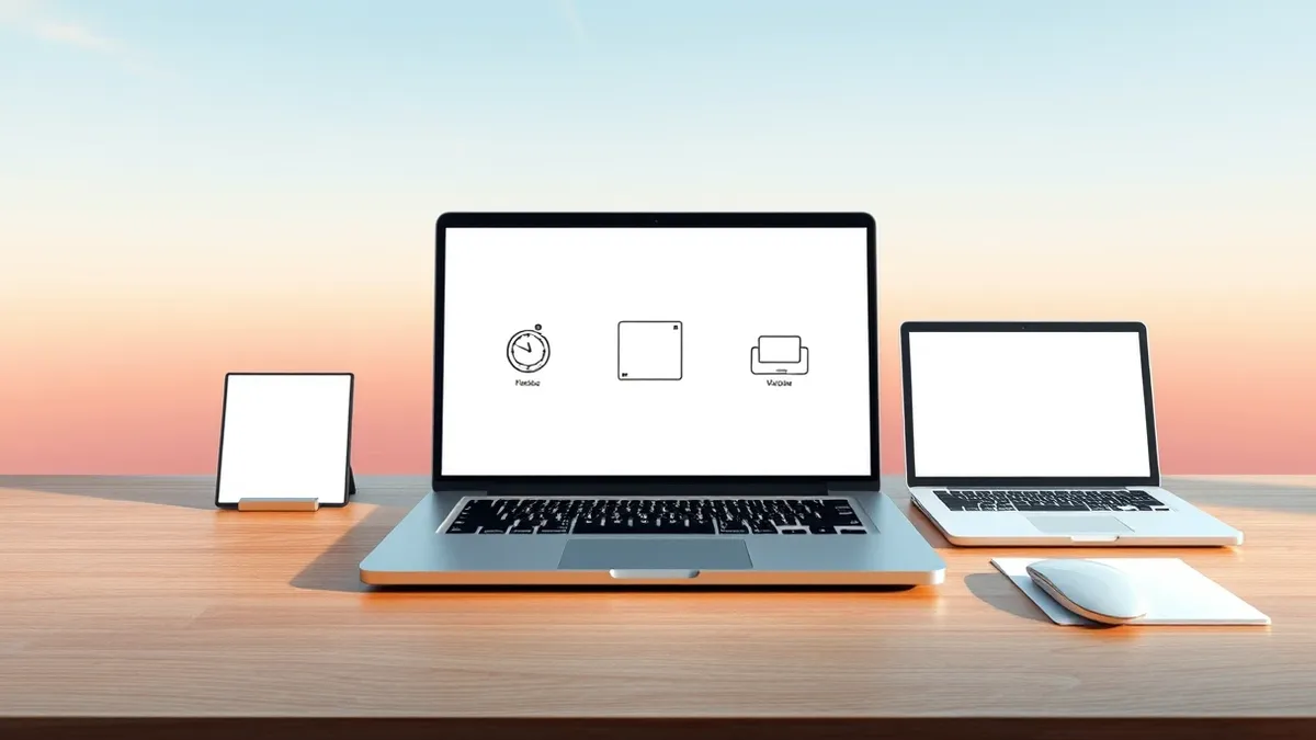 Illustration: A sleek silver laptop sits on a wooden desk with its screen displaying a clean interface featuring three distinct abstract icons arranged in a row, symbolizing differ