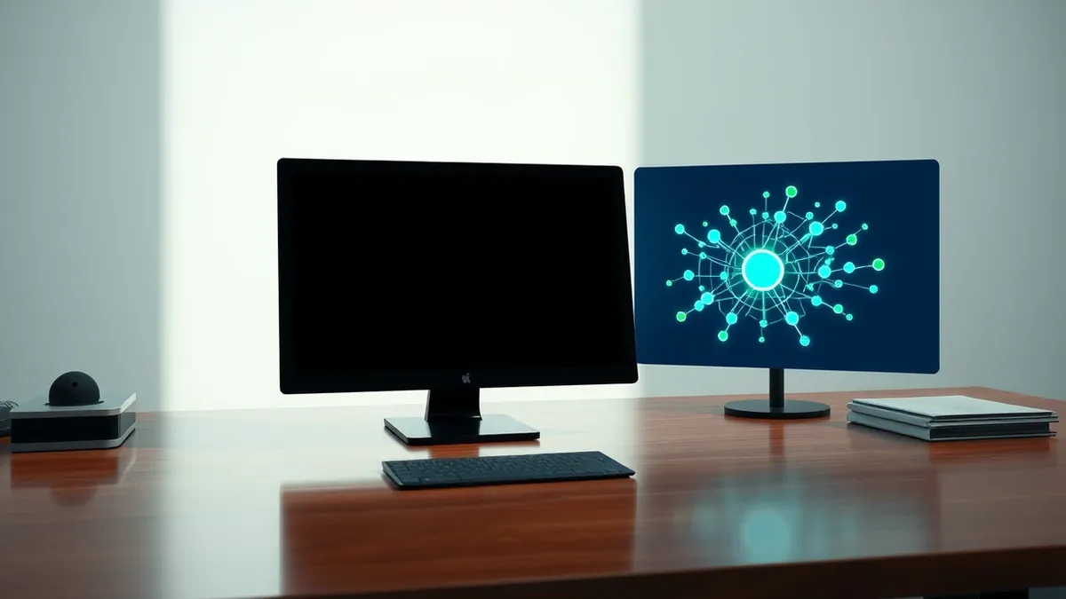 Illustration: A sleek black terminal sits on a polished wooden desk, its blank screen reflecting soft ambient light.