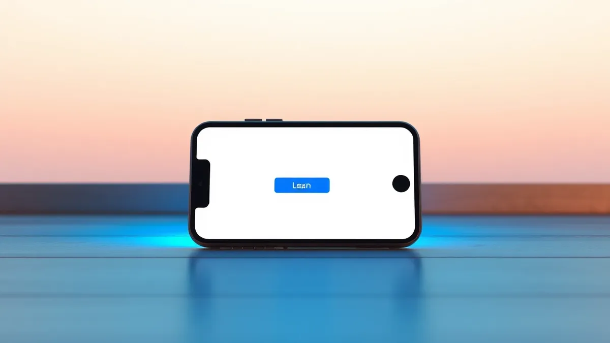 Illustration: A smartphone sits on a wooden desk with its screen displaying a blank white interface featuring a single blue button and abstract gray blocks.