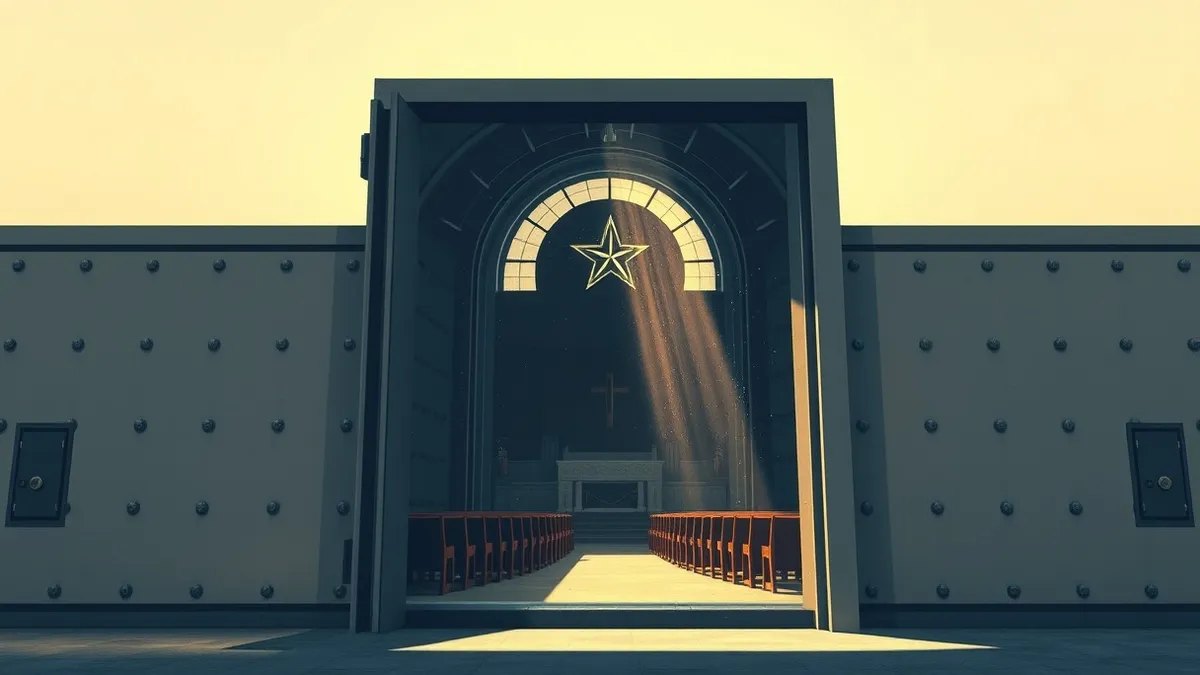 Illustration: A heavy metal door with a large star emblem stands open, revealing a dimly lit interior filled with rows of wooden pews and an empty altar.