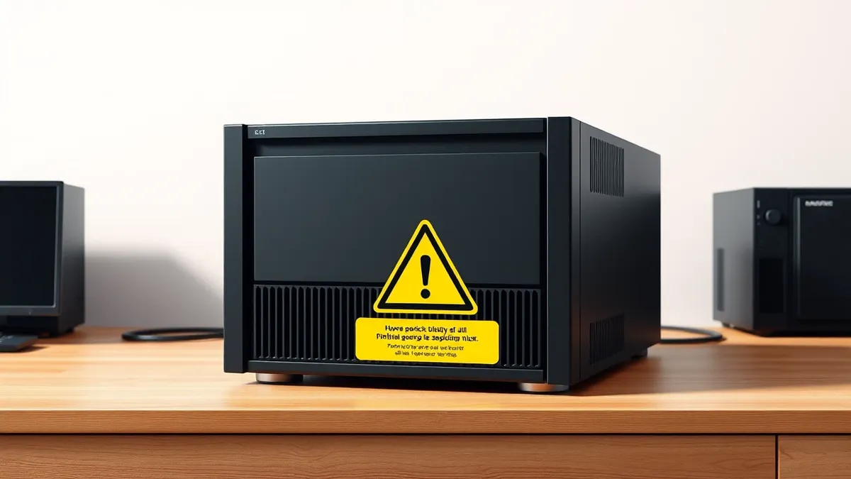 Illustration: A sleek black media server sits on a wooden desk, its front panel displaying a simple white power icon.