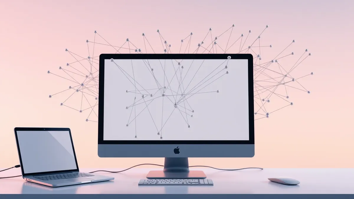Illustration: A computer monitor displays a blank browser window connected to a tangled web of shifting, translucent nodes.
