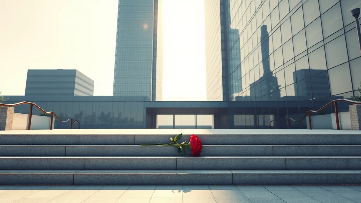 Illustration: A generic corporate building entrance stands empty and silent in the morning light.