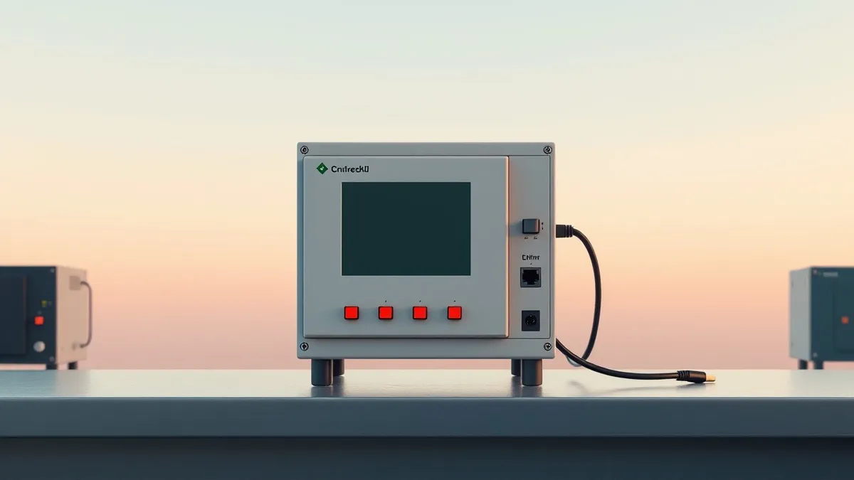 Illustration: A compact industrial controller sits on a metal workbench.