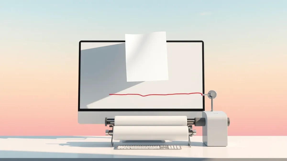 Illustration: A white paper document floats upward from a blank computer screen, transforming mid-air into a colorful custom t-shirt design.