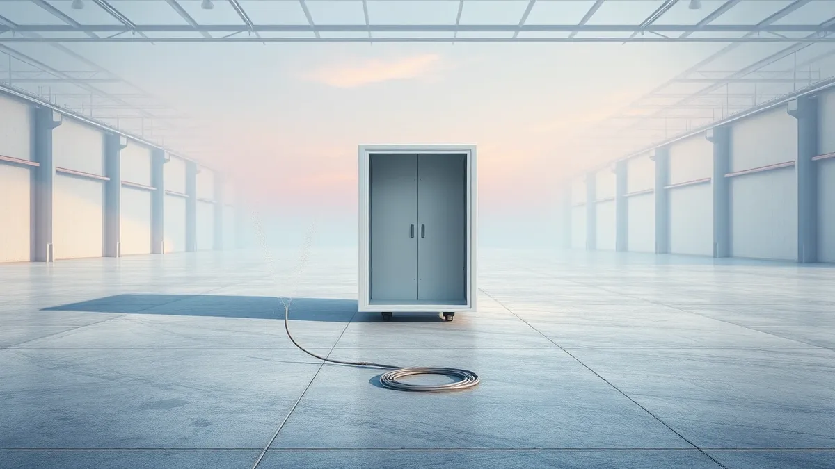 Illustration: A solitary white server cabinet stands empty in a vast, sterile warehouse floor.