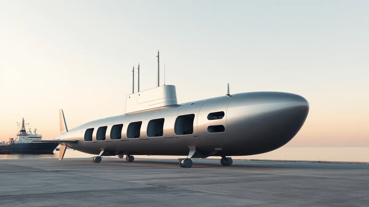 Illustration: A sleek, silver unmanned submarine rests on a concrete launch pad beside a calm harbor.