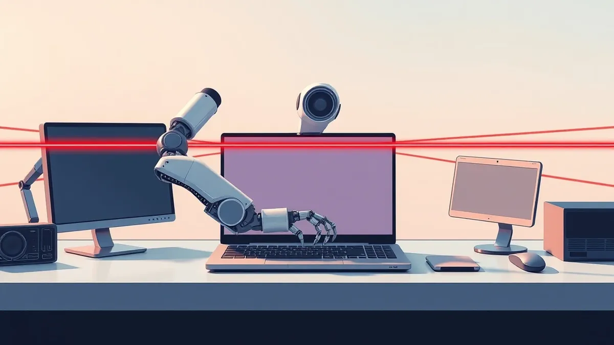 Illustration: A sleek, headless robotic arm rests on a clean desk, its mechanical fingers hovering over a laptop keyboard.