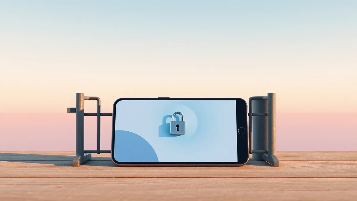 Illustration: A blank smartphone rests on a wooden surface beside a simple metal barrier.