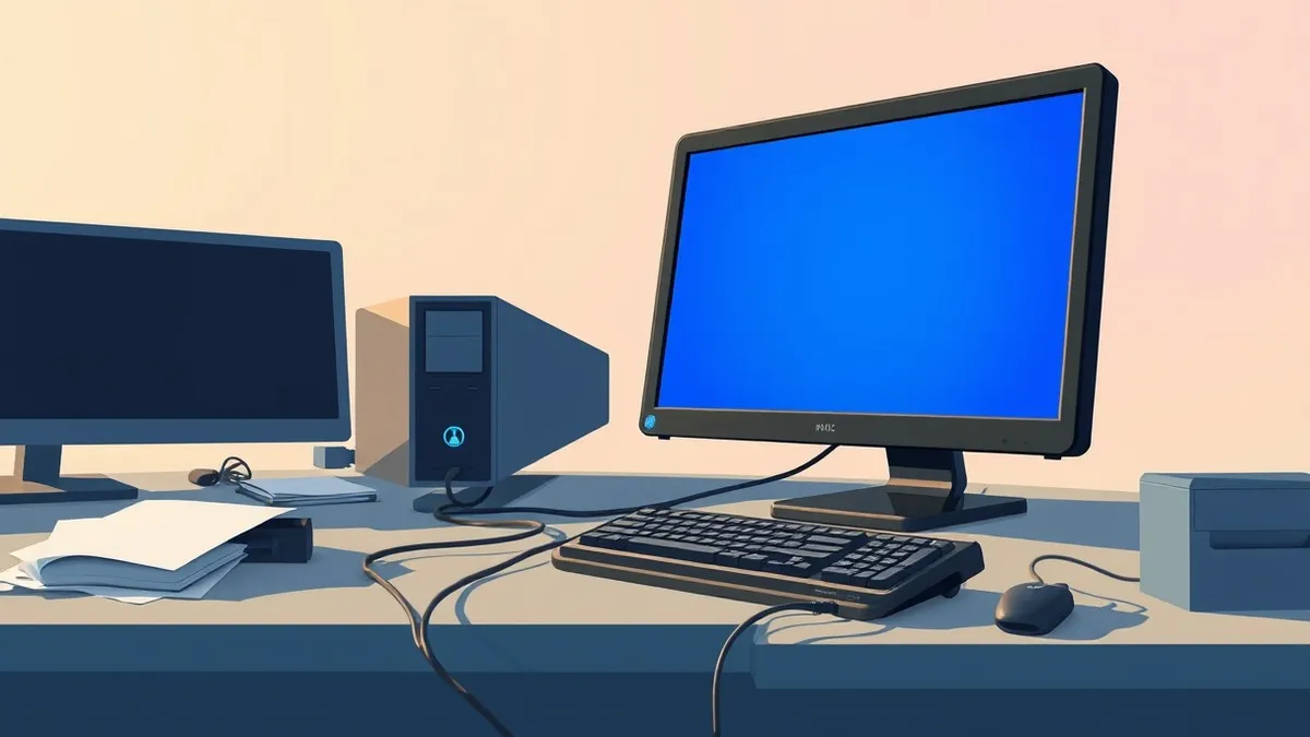Illustration: A sleek black tower computer sits on a cluttered office desk with its power cord unplugged and trailing across the floor.