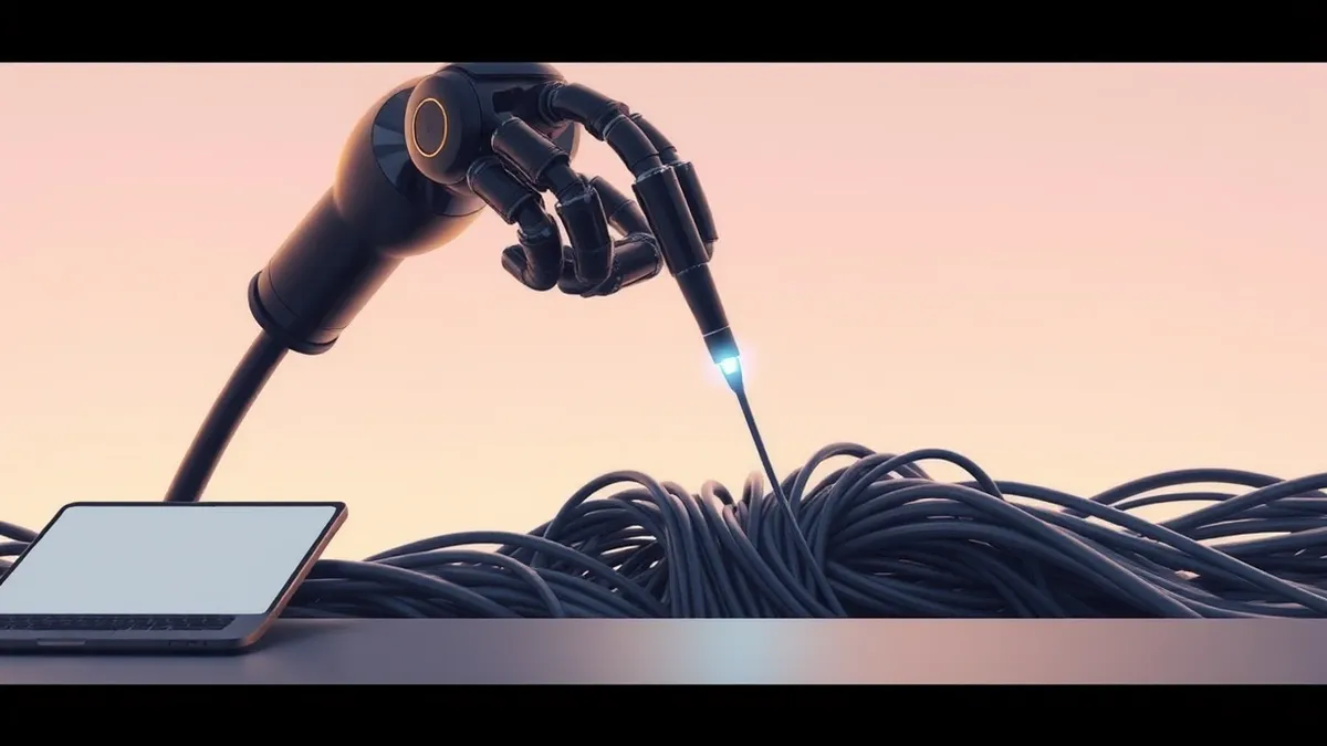Illustration: A sleek black robotic arm extends a delicate probe into a tangled knot of fiber optic cables.