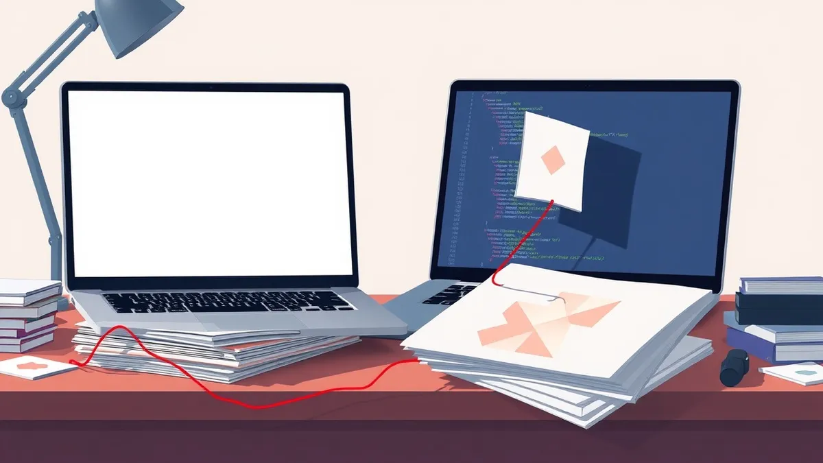 Illustration: A cluttered desk holds a laptop displaying a blank code editor window.