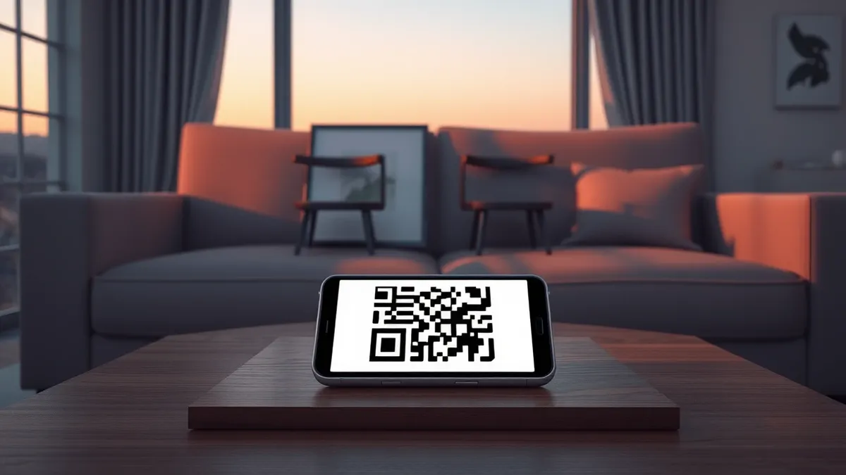 Illustration: A smartphone rests on a coffee table beside a framed photo of two empty chairs.