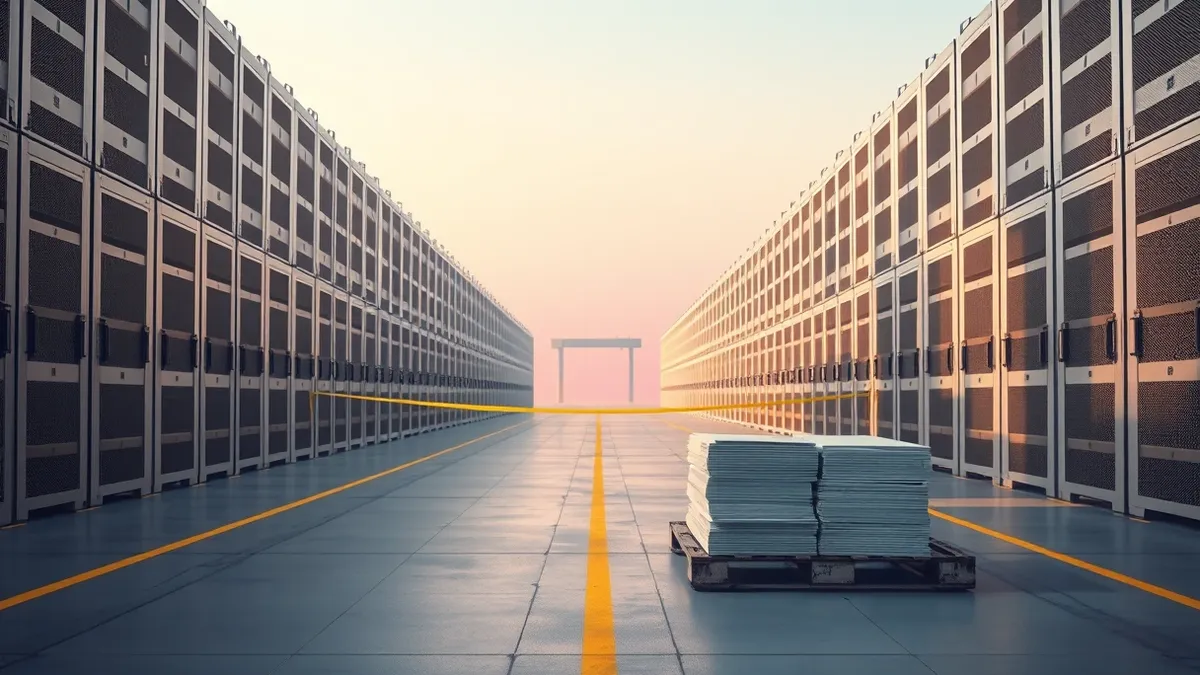 Illustration: A vast, sterile warehouse filled with rows of identical silver server racks stretches into the distance.