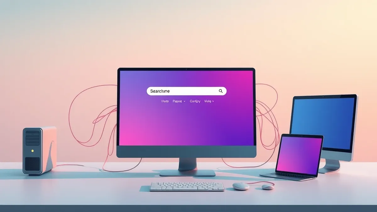 Illustration: A sleek desktop monitor displays a vibrant interface with a prominent search bar.