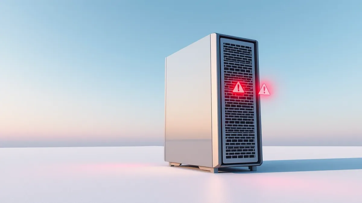 Illustration: A sleek silver server tower sits isolated on a sterile white surface.