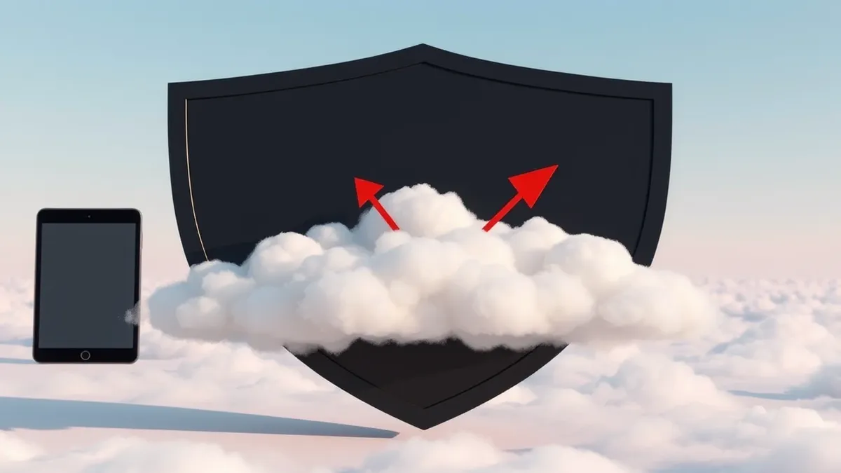 Illustration: A sleek black shield hovers protectively over a cluster of floating cloud shapes.