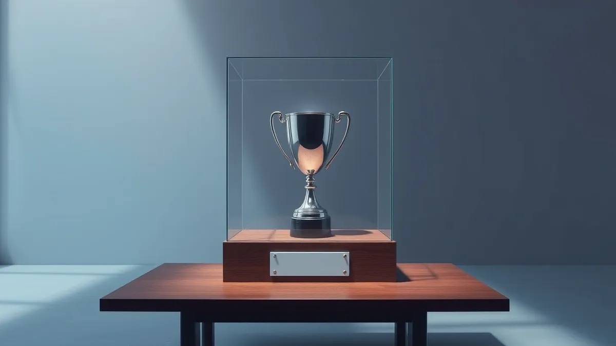 Illustration: A sleek silver sports trophy sits atop a polished wooden table.