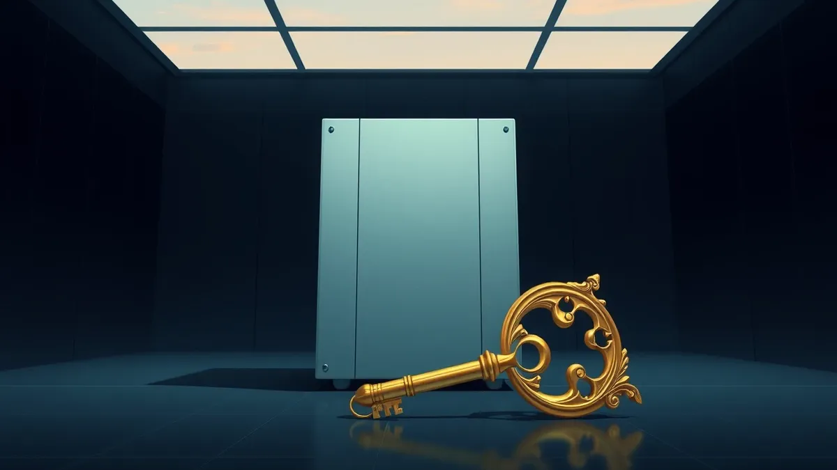Illustration: A sleek artificial intelligence server unit sits disconnected and silent in a dark room.