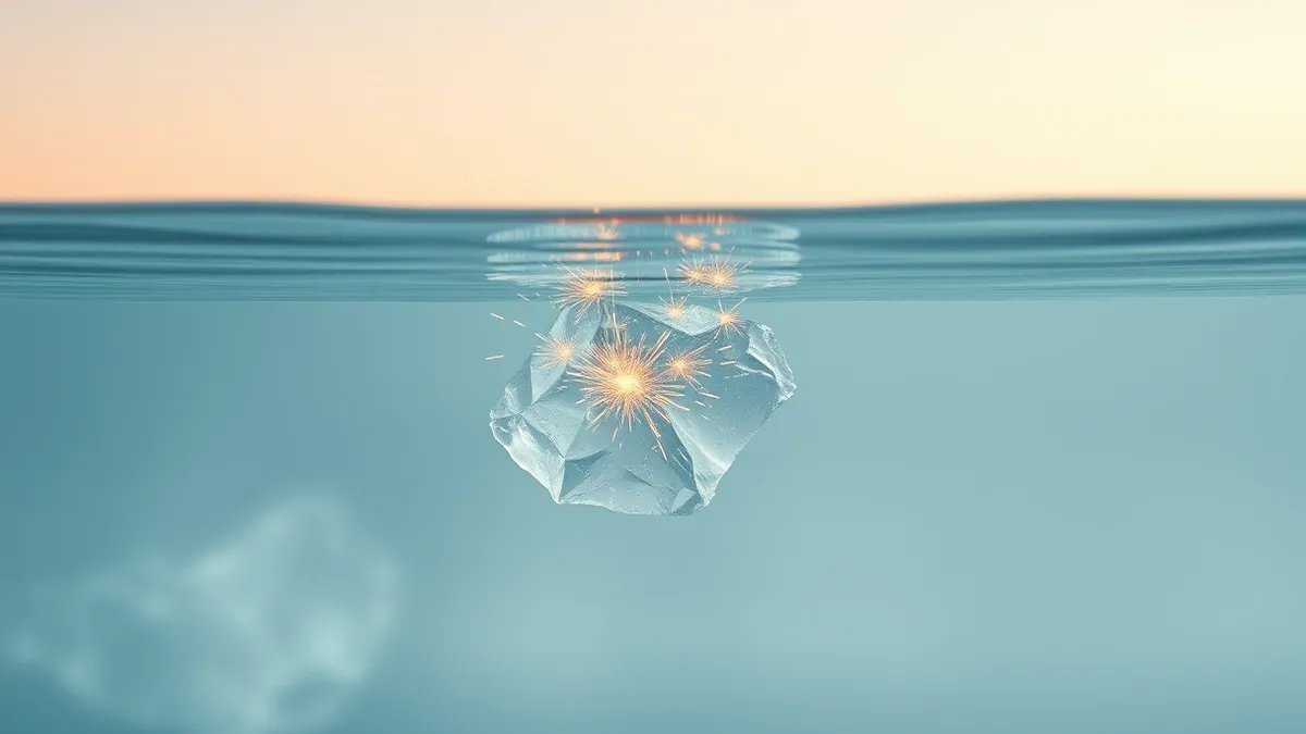 Illustration: A single translucent plastic fragment sinks slowly in clear water.
