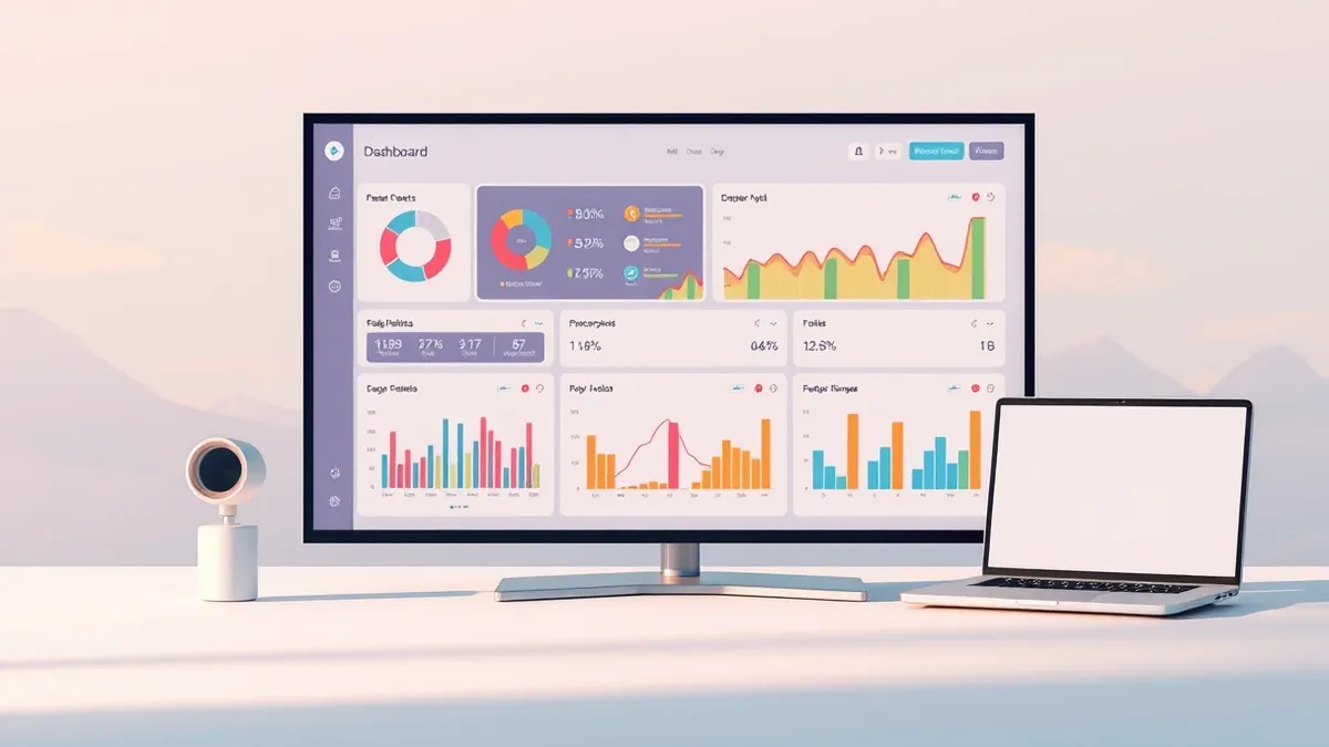 Illustration: A sleek dashboard on a large monitor displays colorful abstract charts and rising graphs.