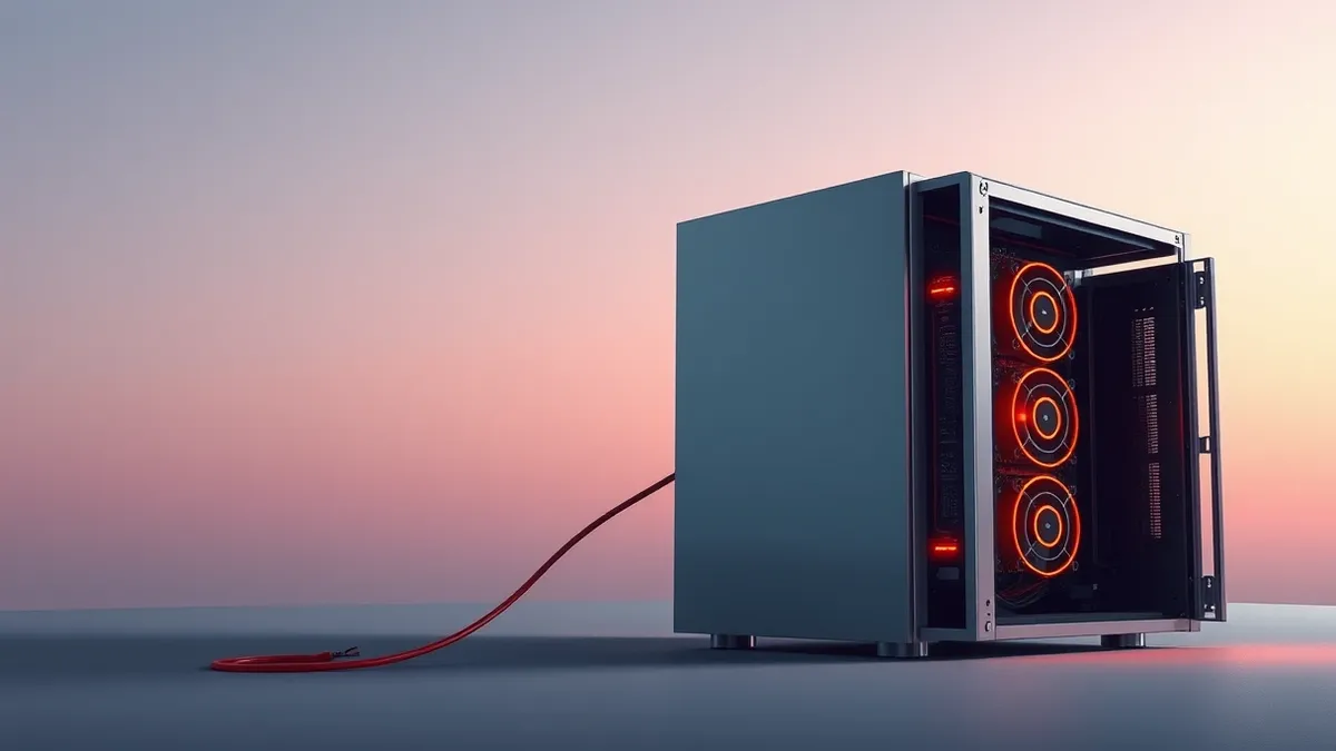Illustration: A sleek silver server tower sits alone in a dark room.