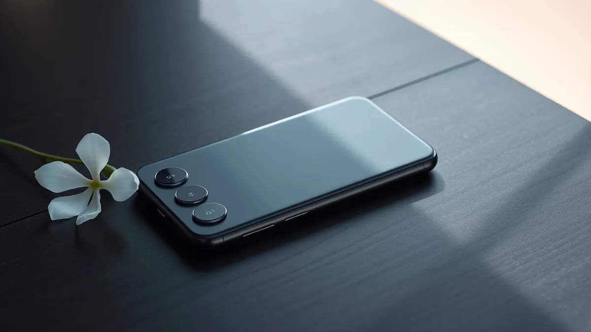 Illustration: A black smartphone lies flat on a dark wooden table next to a simple white flower.