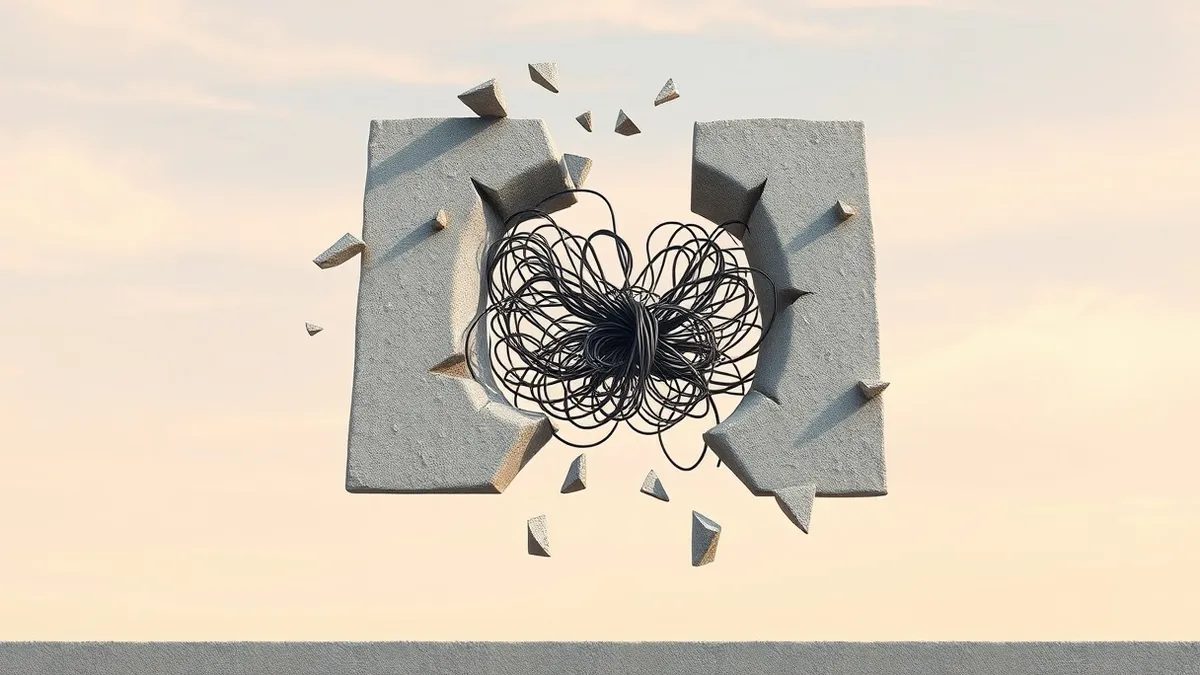 Illustration: A cracked ceramic tile from a building façade floats apart, revealing tangled, chaotic wires inside.