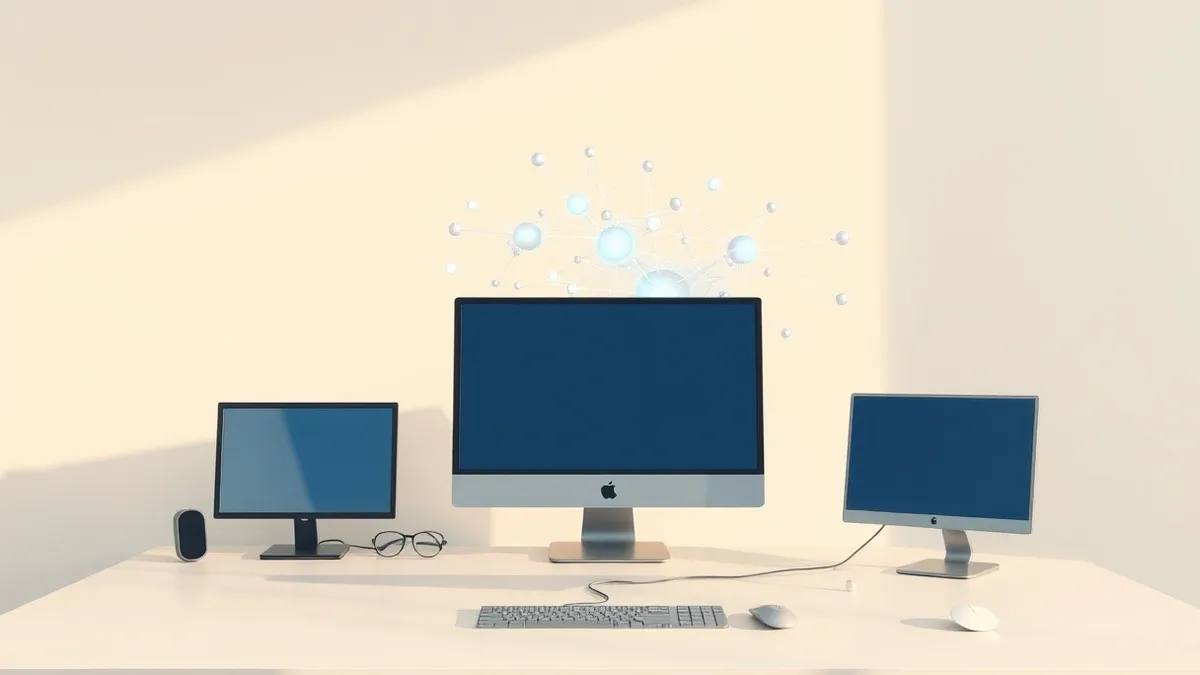 Illustration: A sleek server terminal sits on a clean desk, its monitor displaying a vibrant web of abstract nodes and connecting lines.