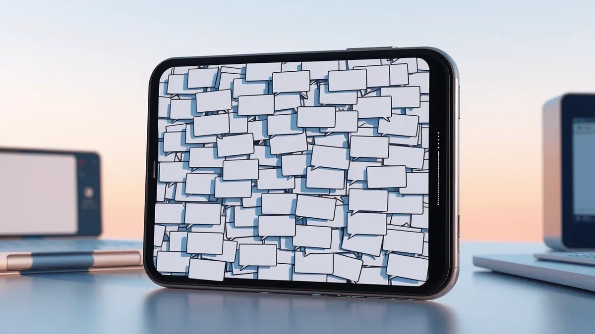 Illustration: A smartphone sits on a desk, its screen displaying a chaotic cascade of overlapping blank notification cards.