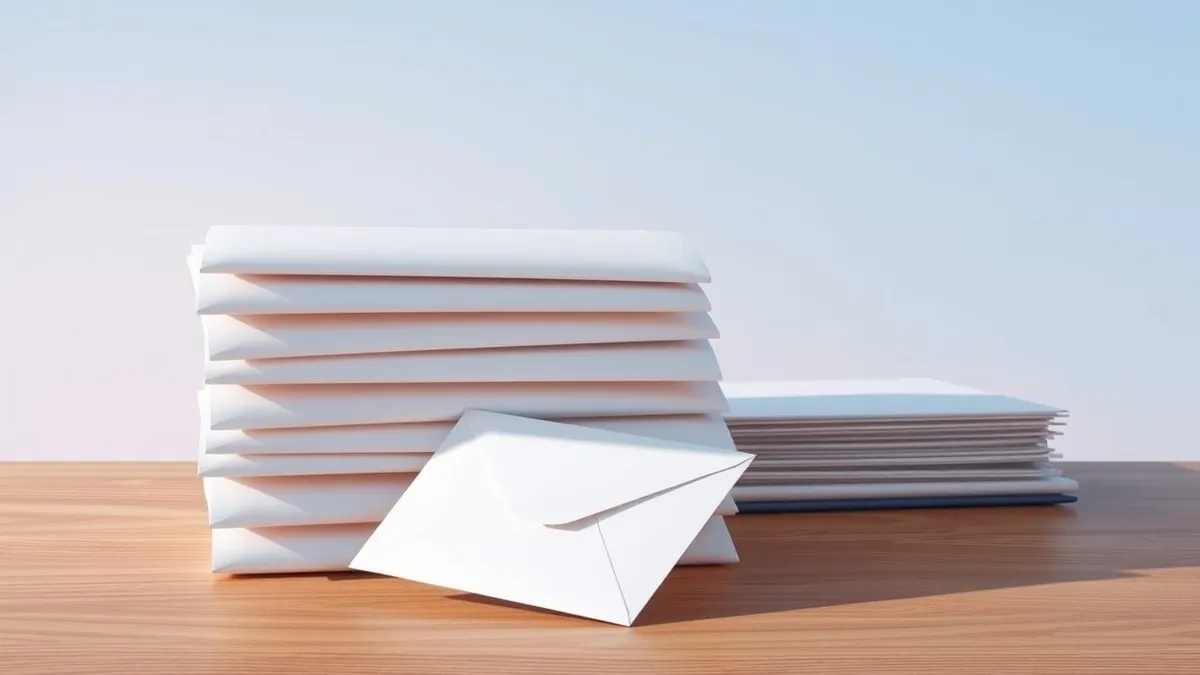 Illustration: A stack of clean white envelopes rests on a wooden desk.