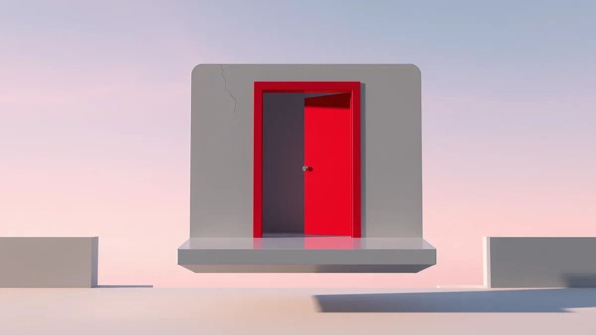 Illustration: A sleek, floating digital interface panel hovers in mid-air, displaying a large, open red door icon on a blank gray background.