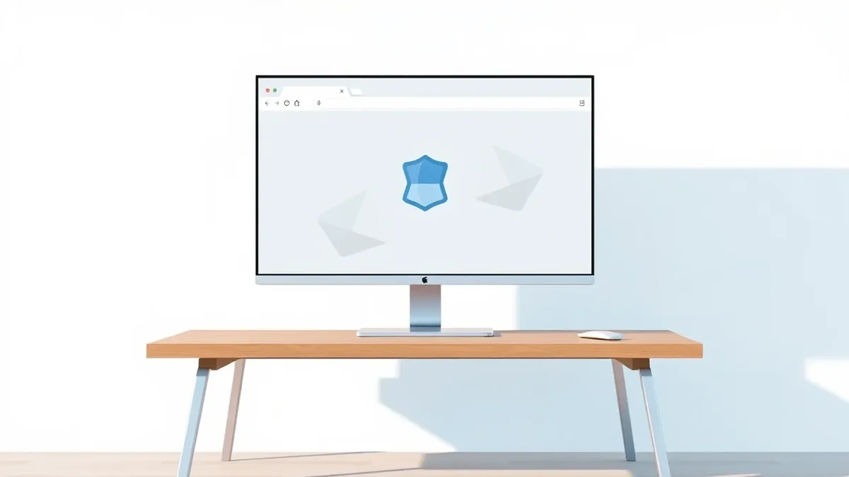 Illustration: A sleek desktop computer sits on a minimalist wooden desk, displaying a web browser window with a single extension icon in the toolbar.